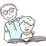 Zeichnung, Elternteil und Kind lesen freudvoll gemeinsam in einem Buch