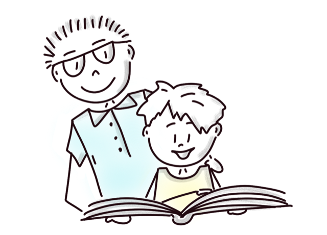 Zeichnung, Elternteil und Kind lesen freudvoll gemeinsam in einem Buch