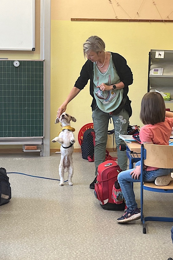 Zuverlässigkeit, Vertrauen, Kreativität: Lehrerin arbeitet mit einem Schulhund in der Grundschule