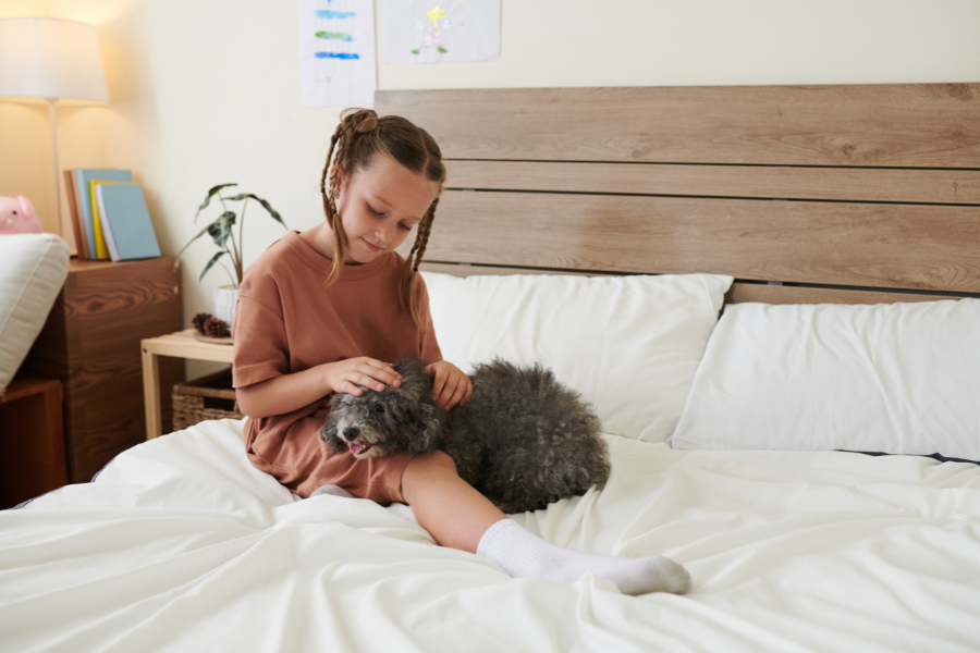 Junge sitzt entspannt mit seinem Hund auf dem Bett und streichelt diesen