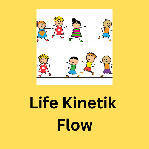 Life Kinetik Flow auf gelben Hintergrund mit fröhlichen Jungen und Mädchen im Sketchnotestil