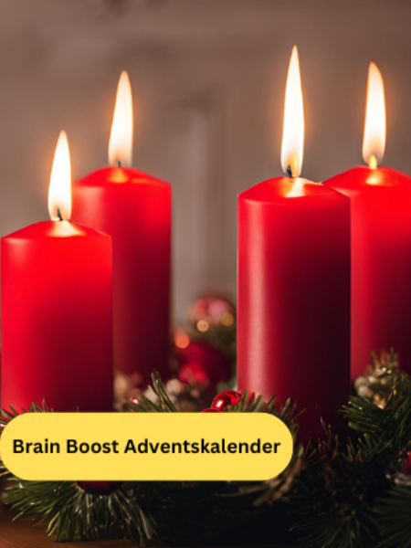 Brain Boost Adventskalender, vier rote brennende Kerzen im Adventskranz