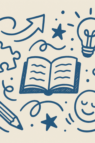 Mythen frühkindliche Reflexe: Symbole für leichtes Lernen wie Smiley, Luftschlangen, Puzzleteil, Glühbirne, geöffnetes Heft, Stift