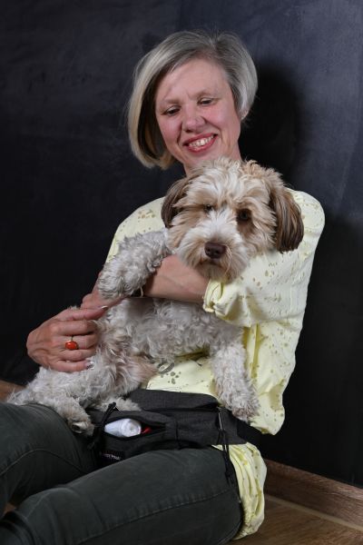 Hundetraining, Entspannung: blonde Frau im gelben Shirt sitzt und hat einen hellen Bolonka Zwetna auf ihrem Schoß
