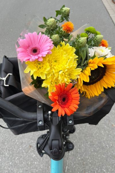 12 von 12 im Juli 2025, bunter Sommerblumenstrauß im Korb des Fahrrades