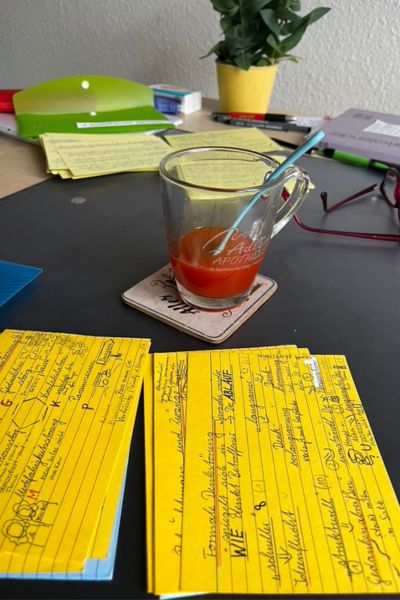12 von 12 im Juli 2025: Karteikarten mit Lernstoff für die Heilpraktiker-Prüfung auf dem Küchentisch und Glas mit rotem Getränk