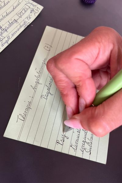 12 von 12 im Juli 2025, auf Karteikarte wird mit grünem Stift geschrieben