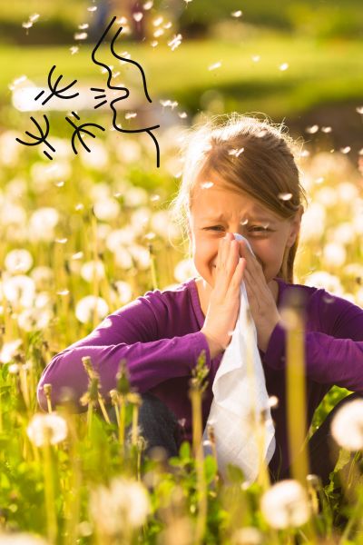 EMDR bei Allergien: blondes Mädchen in einer Wiese mit Pusteblumen niest in ein Taschentuch hinein