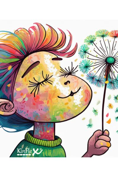 Frühkindliche Reflexe ignorieren: Junge mit bunten Haaren pustet eine Pusteblume