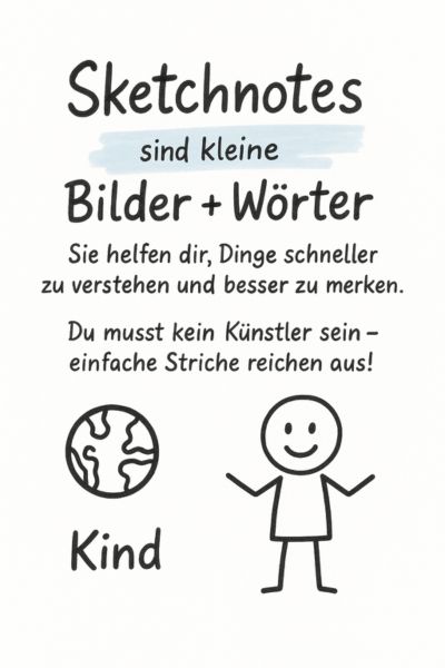 Sketchnotes lernen Kinder; Sketchnotes sind kleine Wörter und Bilder. Sie helfen dir Dinge schneller zu verstehen und besser zu merken. Du musst kein Künstler sein, einfache Striche reichen aus. Im Vordergrund stehen ein Strichmännchen und das Wort "Kind".