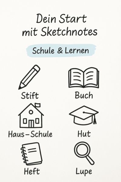 Sketchnotes lernen Kinder: Dein Start mit Sketchnotes, Schule und Lernen, einfache Zeichnung für Stift, Buch, Haus/ Schule, Hut, Heft, Lupe