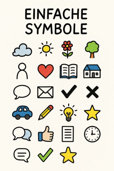 Sketchnotes lernen Kinder: Einfache Symbole für Wolke, Sonne, Blume, Baum, Mensch, Herz, Buch, Schule, Sprechblase, Umschlag, Häkchen, Kreuz, Auto, Bleistift, Glühlampe, Stern, Sprechblasen, Daumen hoch, Blatt, Zeit