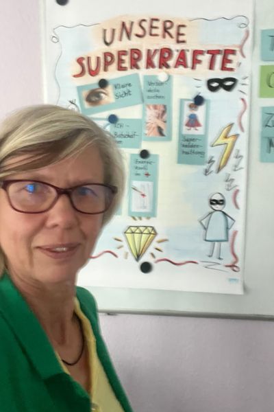 Unsere Superkräfte als Sketchnotes auf einem Plakat: Auge für klare Sicht, Superman für Superheldenhaltung, Figur mit Sprachblase "Nein" für Nein sagen; Kontoauszug für Energiekonto im Plus, Strichmännchen mit Herz im Arm für Ich-Botschaften, viele Hände übereinander für Verbündete suchen. Im Vordergrund Porträt einer blonden Frau mit kurzen Haaren und Brille