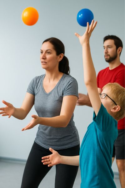 Coaching Alltag anders machen: Mutter, Vater, Kind sind in Bewegung, werfen und fangen einen Ball