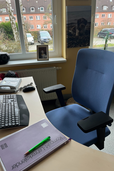 12 von 12 im Dezember: Büroeinblick, blauer Schreibtischstuhl, Schreibtisch, PC