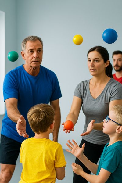 Hochbegabt und Lernprobleme; Mutter, Vater und Kinder spielen mit Bällen, Life Kinetik als kurze Lernpause