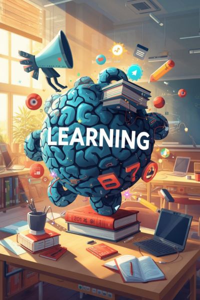 beste Lernzeit Kind: Gehirn in der Mitte, herum Bücher,Lautsprecher, Hände, Fenster als Symbol für die verschiedenen Lerntypen, in der Mitte der Schriftzug Learning