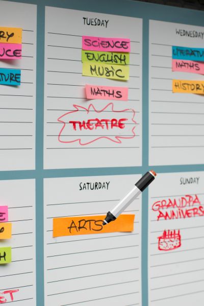 Konzentration bricht ab Kind: Wochenplan mit bunten Klebezetteln mit To-dos zu den einzelnen Wochentagen geordnet