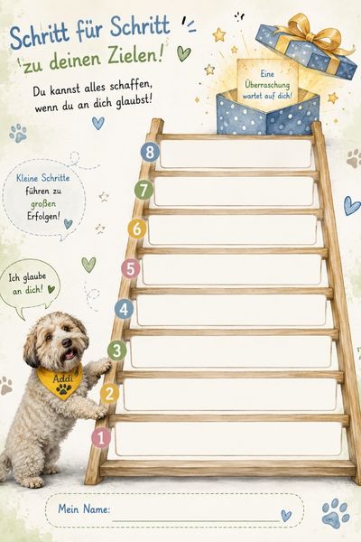lernimpulse für kinder mit lernproblemen; Motivationsleiter mit Therapiehund Addi