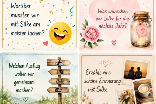 Monatsrückblick August 2026: Fragen für Geburtstagsgäste: Worüber mussten wir mit Silke am meisten lachen? Welchen Ausflug wollen wir gemeinsam machen? Was wünschen wir Silke für das nächste Jahr? Erzähle eine schöne Erinnerung mit Silke.